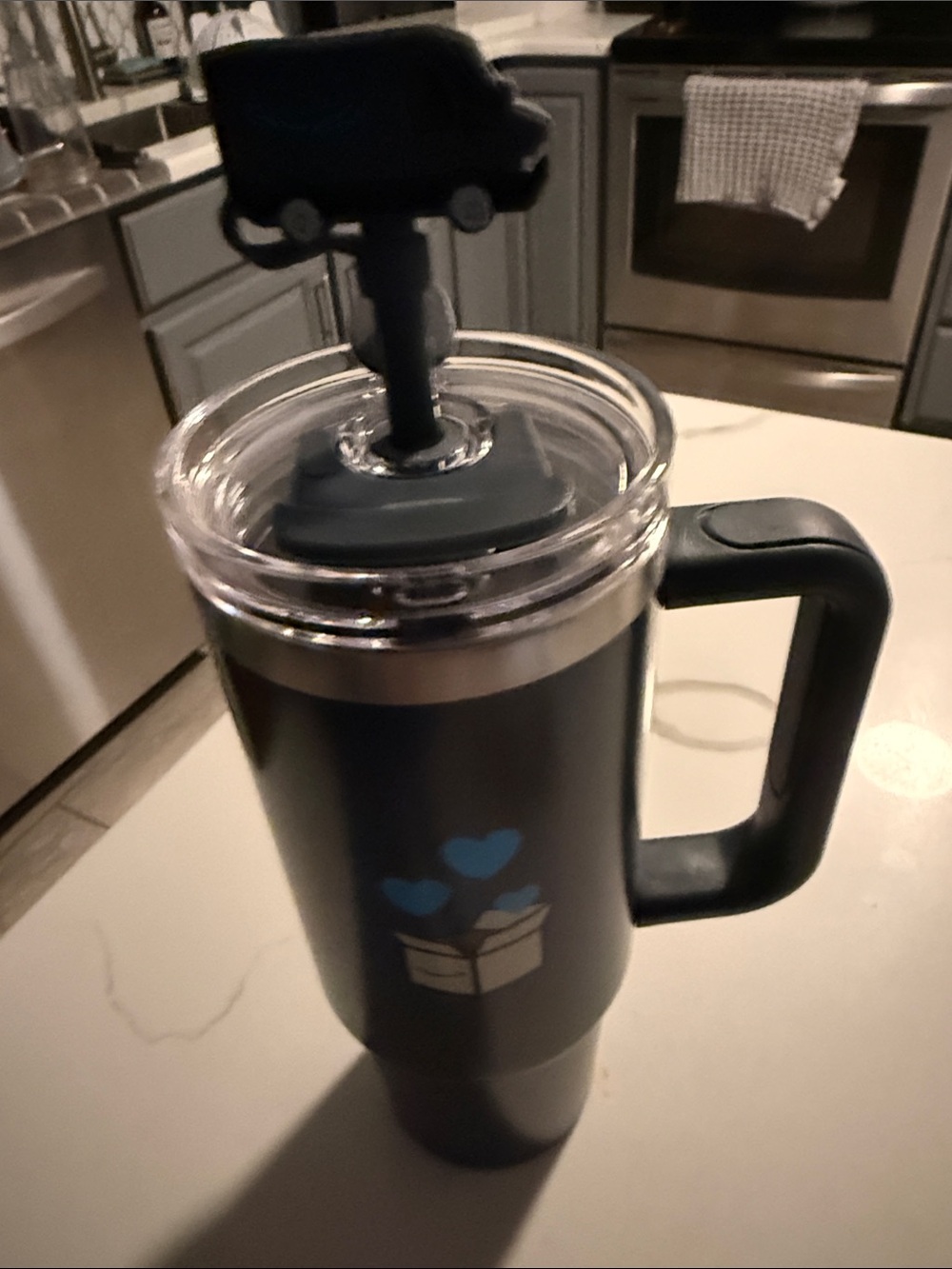 Black Travel Mug with Blue Heart and Box Graphic